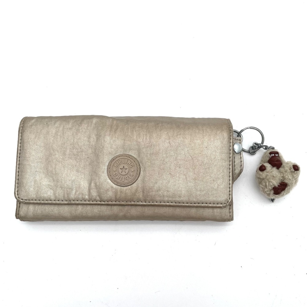Kipling Classic Trifold Nylon Wallet Taupe Beige w/ OG Monkey Keychain Travel